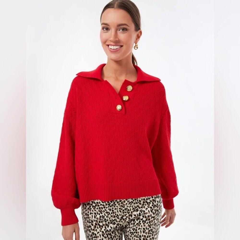 Tuckernuck Red Collared Pullover Sweater with Gold Buttons